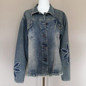 Y2K 90s VTG Demin Jacket Women 1X Crochet Embroidered Hippie Crest Jeans Western